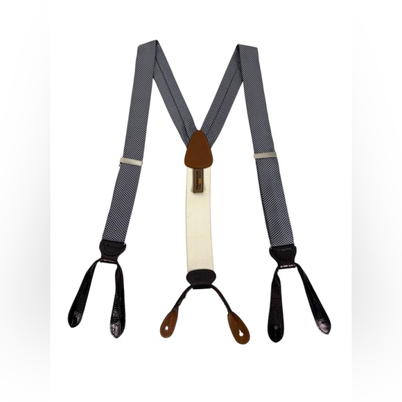 TRAFALGAR Blue Gray Checks BlackLeather Mens Button Suspenders Vintage Casual